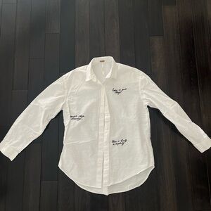 White Woman’s Button up Shirt with Embroidered Text